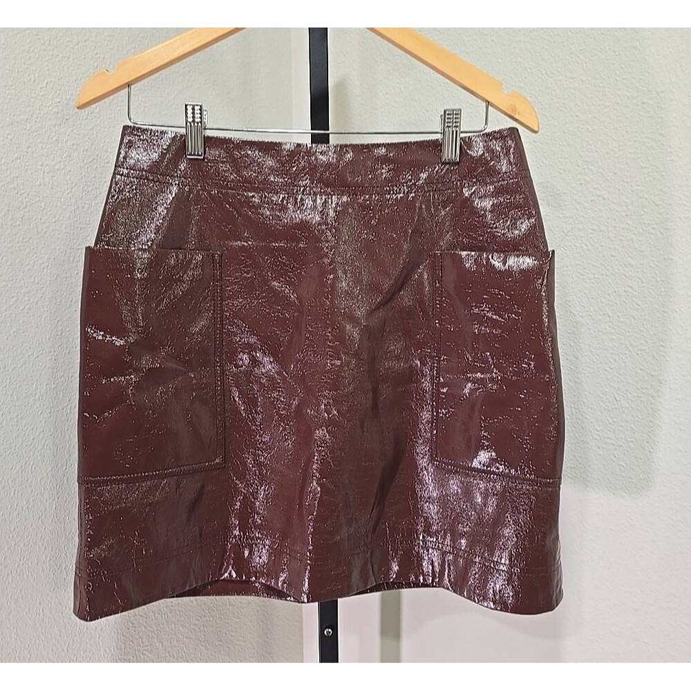 Anthropologie Maeve Brown Vegan Faux Patent Leather Mini Skirt 8 Pockets Edgy